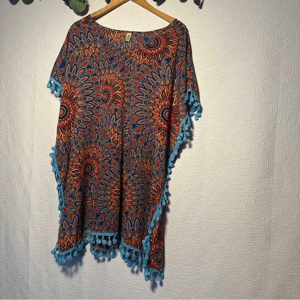 Bohemian Print Swim Coverup with Blue Tassel Accents